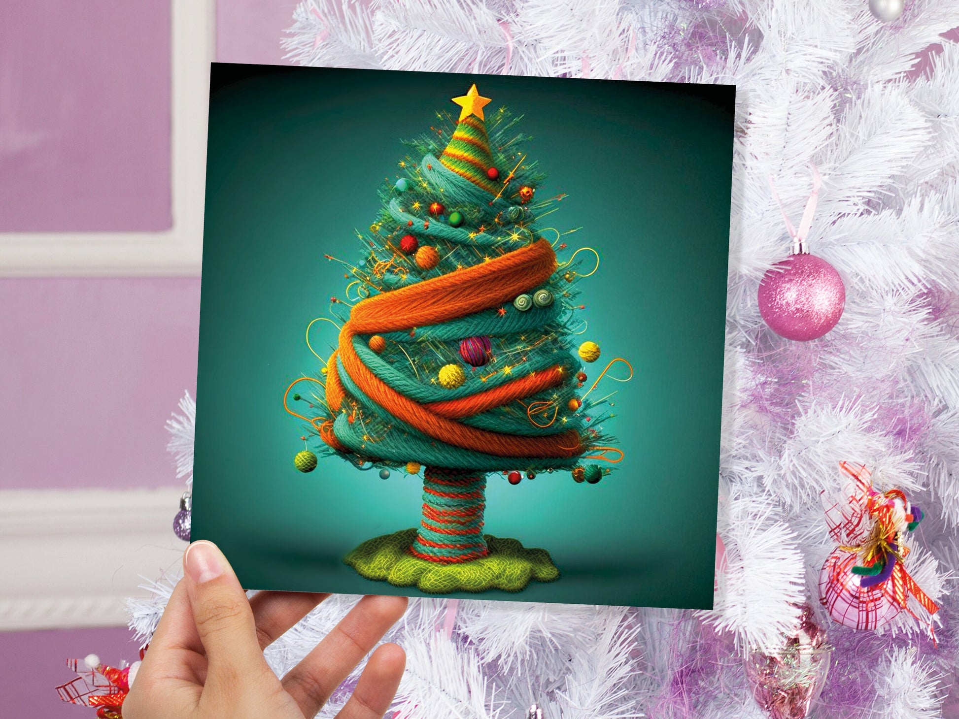 Knitters Christmas Tree Card Knitted Knitting Crochet Yarn Wool Crafters Crafting Woollen Bobbles Felt Xmas Cards For Family Friends 2023