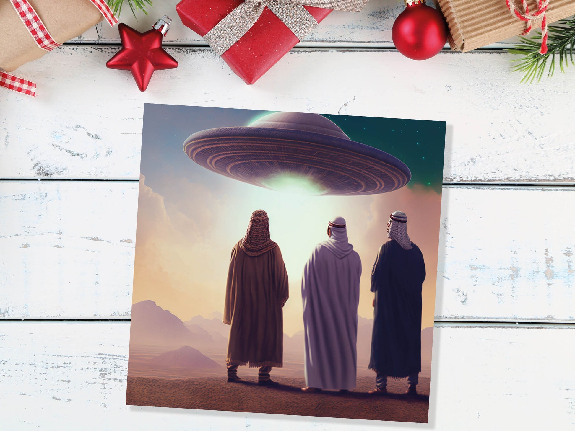 Spaceman Christmas Cards Funny Ironic Alien Came Travelling Three Wise Men Star of Bethlehem Fun Xmas Greetings Card For Family Friends 2023