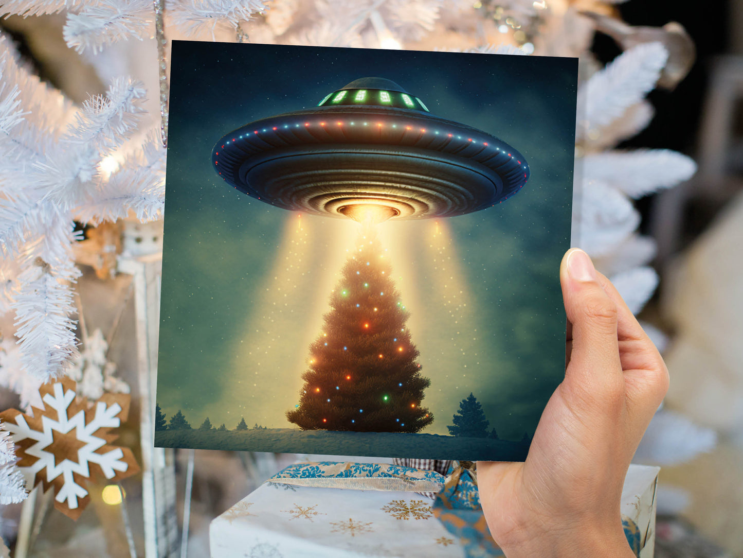 Alien Christmas Card Funny UFO Spaceman Spaceship Christmas Tree Abduction Beam Me Up Ironic Fun Xmas Greetings Card For Family Friends 2023