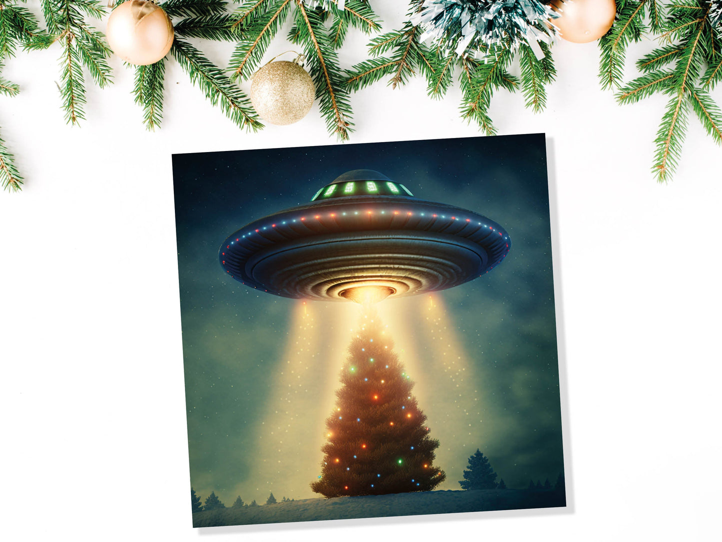 Alien Christmas Card Funny UFO Spaceman Spaceship Christmas Tree Abduction Beam Me Up Ironic Fun Xmas Greetings Card For Family Friends 2023