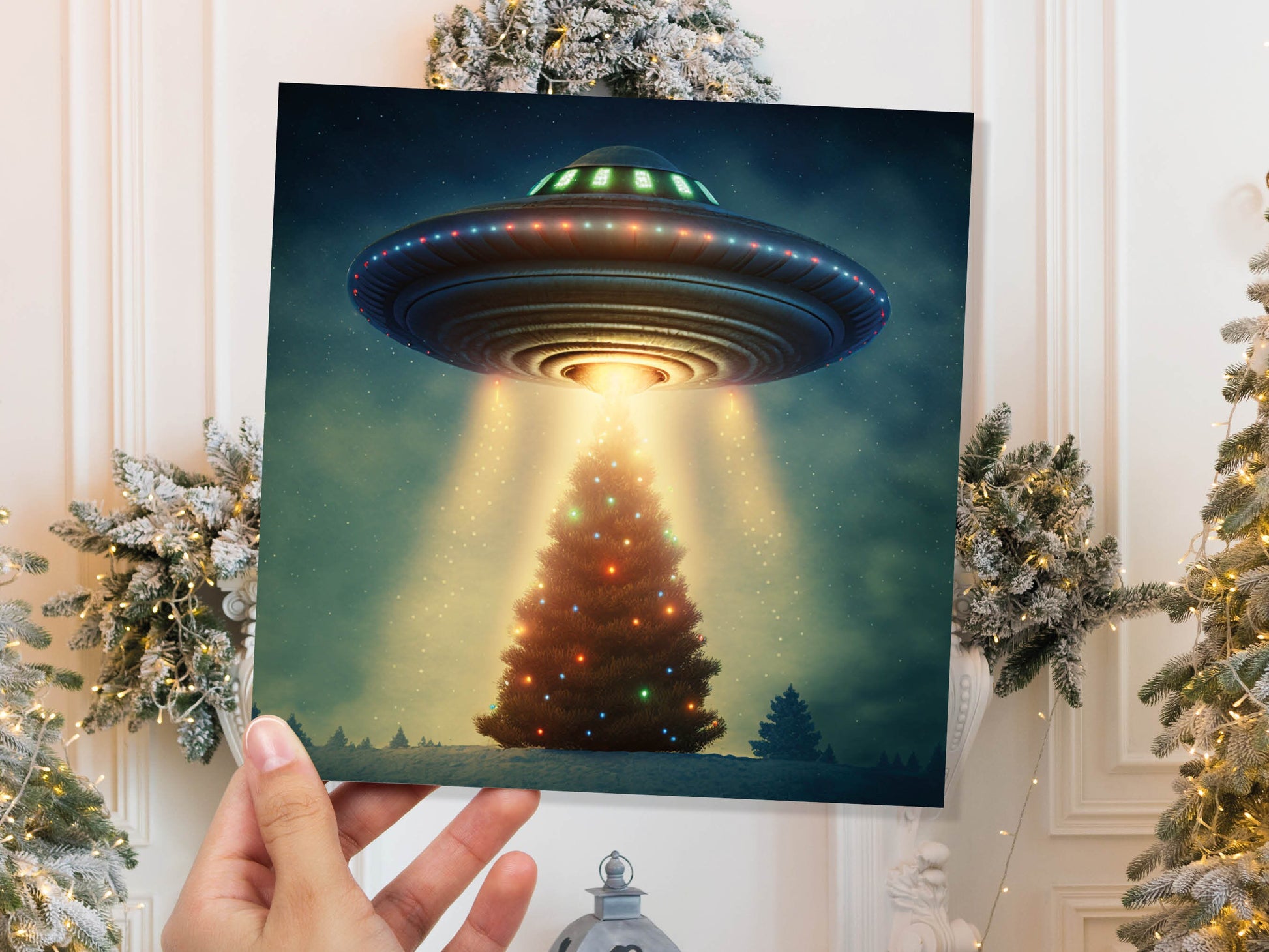 Alien Christmas Card Funny UFO Spaceman Spaceship Christmas Tree Abduction Beam Me Up Ironic Fun Xmas Greetings Card For Family Friends 2023