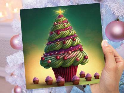 Cupcake Christmas Tree Card Fairy Cake with Green Frosting Icing Pink Sprinkles Xmas Greetings Card For Bakers Baking Family Friends 2023