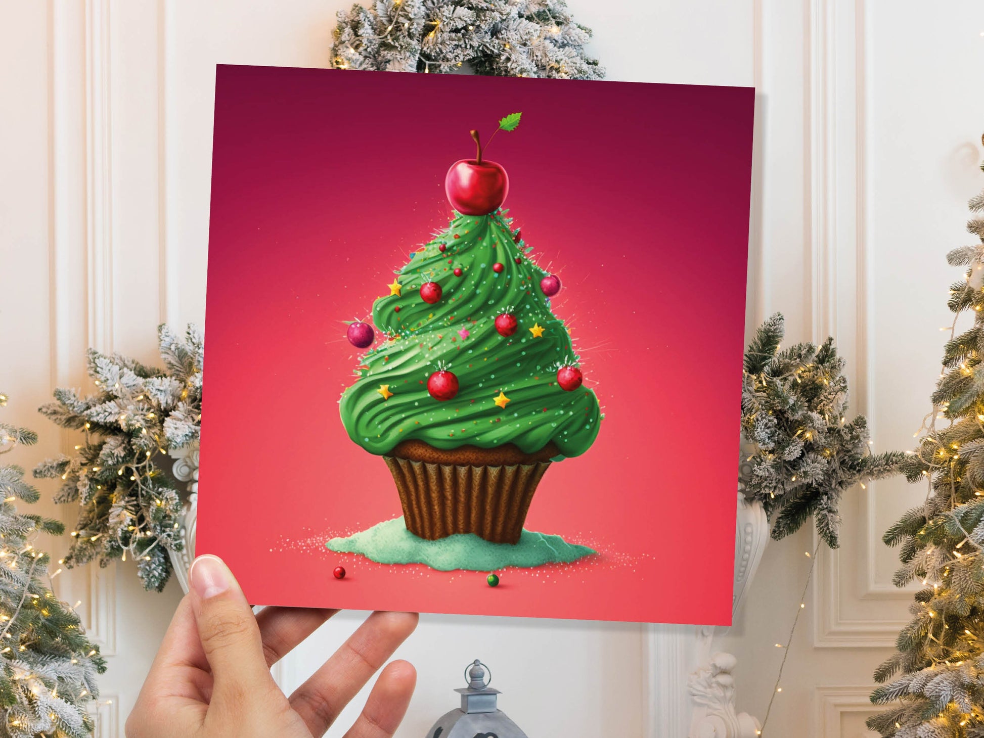 Cake Christmas Tree Card Fairy Cupcake with Green Frosting Icing Red Sprinkles Xmas Greetings Card For Bakers Baking Family Friends 2023