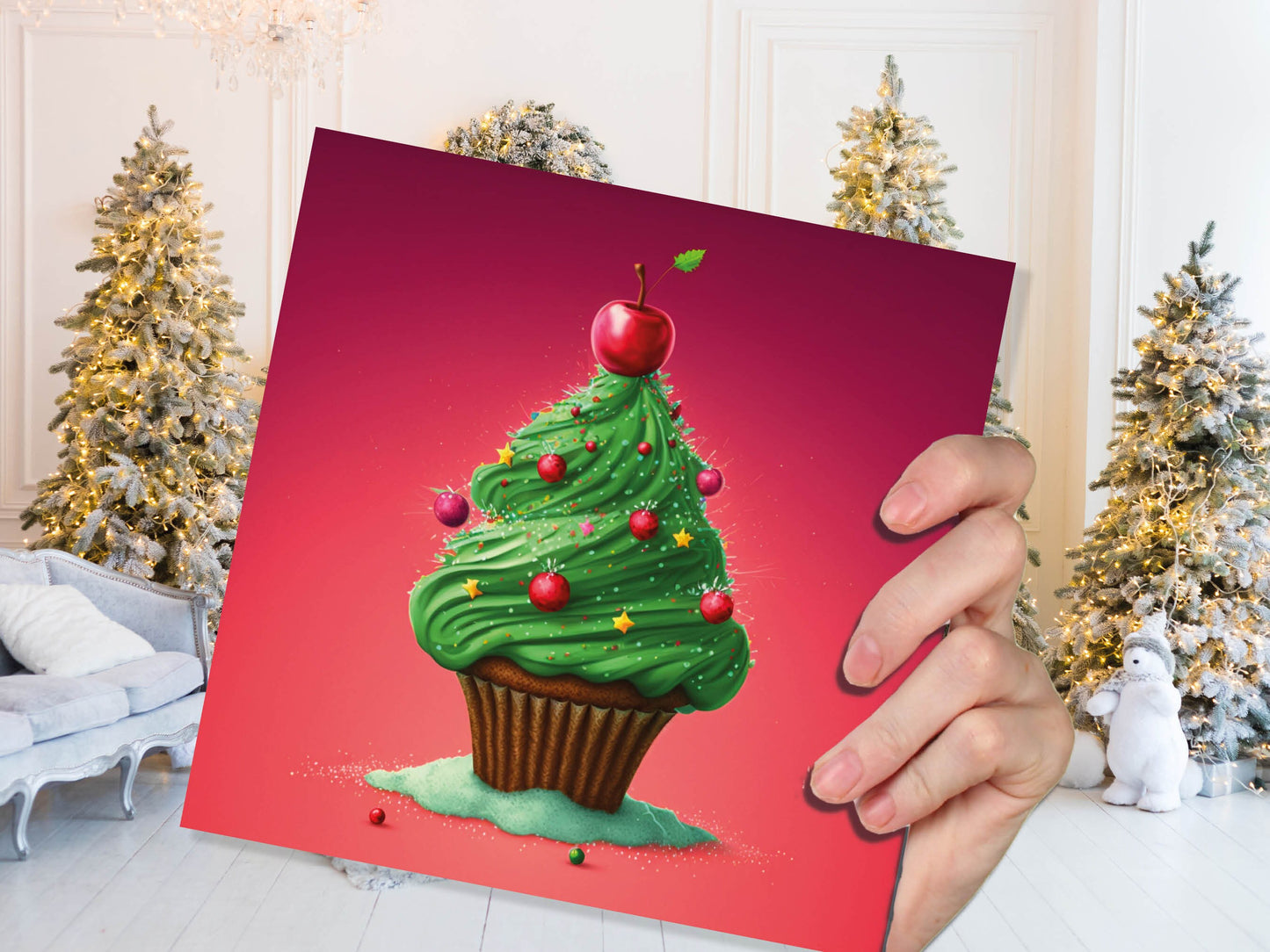 Cake Christmas Tree Card Fairy Cupcake with Green Frosting Icing Red Sprinkles Xmas Greetings Card For Bakers Baking Family Friends 2023