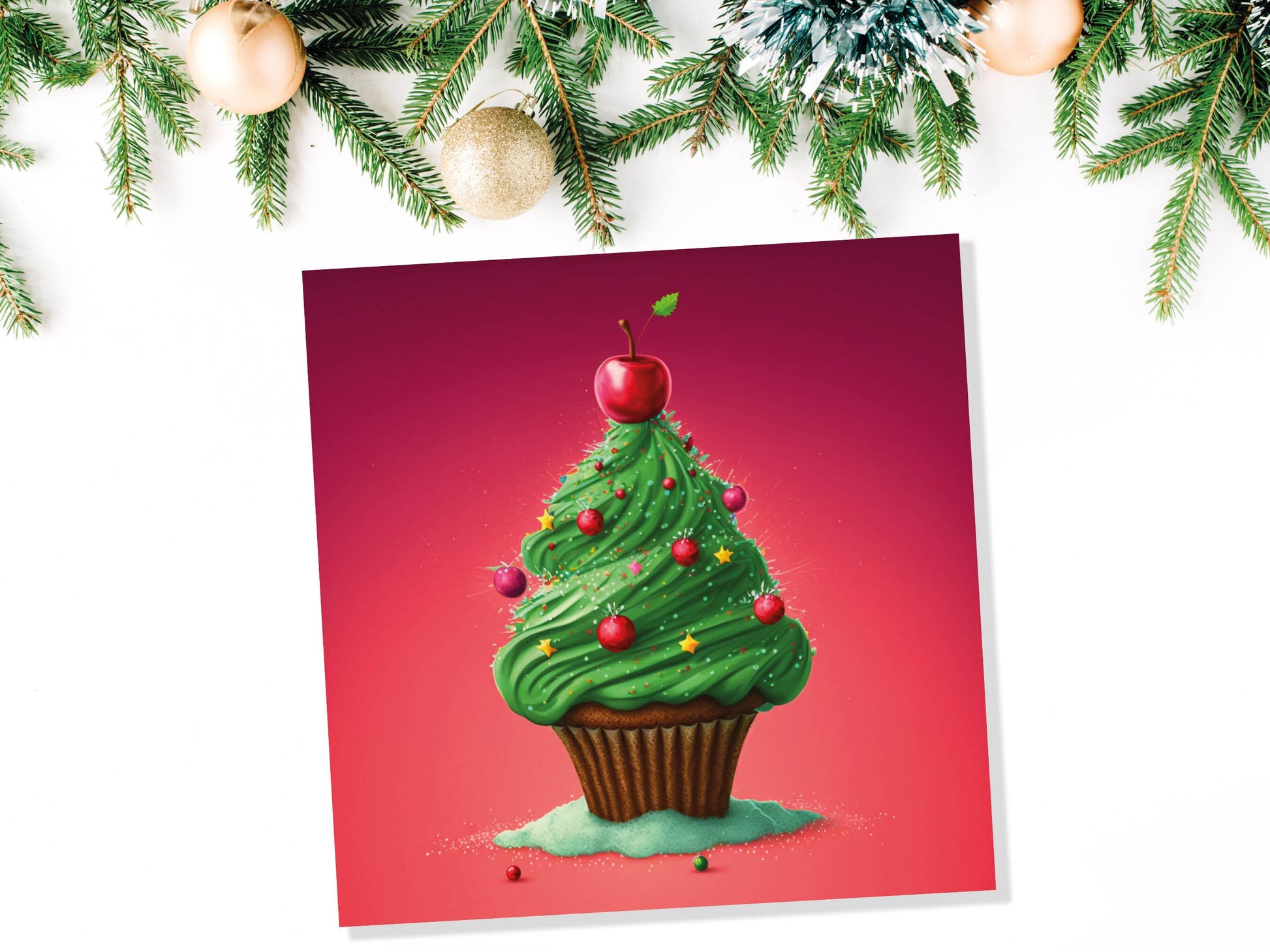 Cake Christmas Tree Card Fairy Cupcake with Green Frosting Icing Red Sprinkles Xmas Greetings Card For Bakers Baking Family Friends 2023