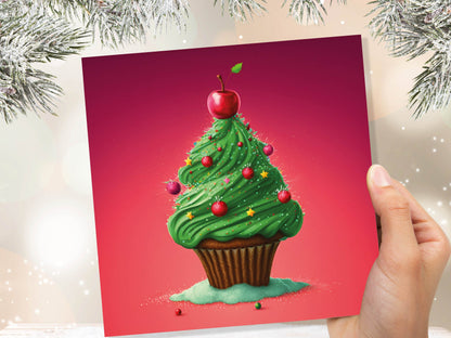 Cake Christmas Tree Card Fairy Cupcake with Green Frosting Icing Red Sprinkles Xmas Greetings Card For Bakers Baking Family Friends 2023