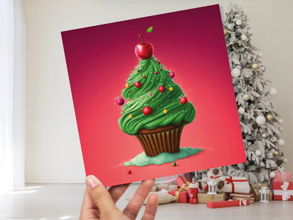 Cake Christmas Tree Card Fairy Cupcake with Green Frosting Icing Red Sprinkles Xmas Greetings Card For Bakers Baking Family Friends 2023