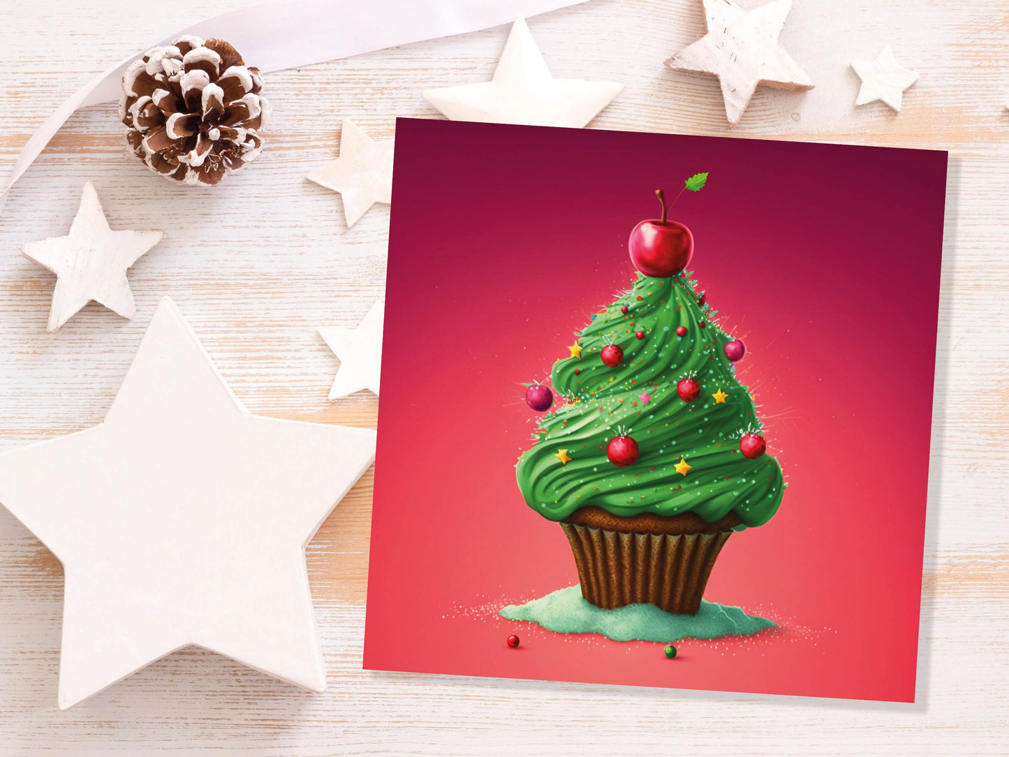 Cake Christmas Tree Card Fairy Cupcake with Green Frosting Icing Red Sprinkles Xmas Greetings Card For Bakers Baking Family Friends 2023