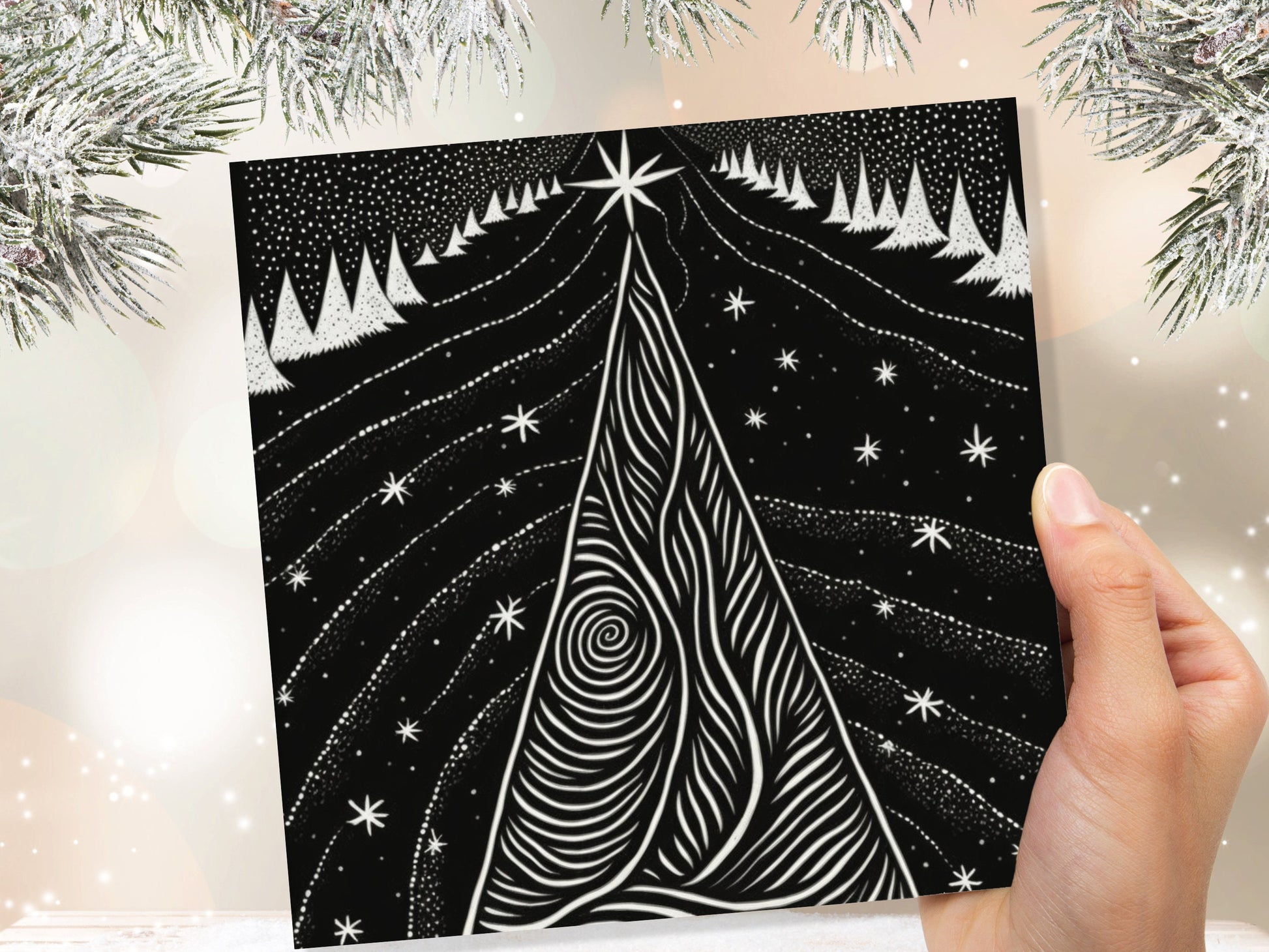 Black Christmas Tree Card Linocut Monochrome Magical Stars Starry Forest Snow Scene Snowy Night Sky Greetings For Family Friends Xmas 2023