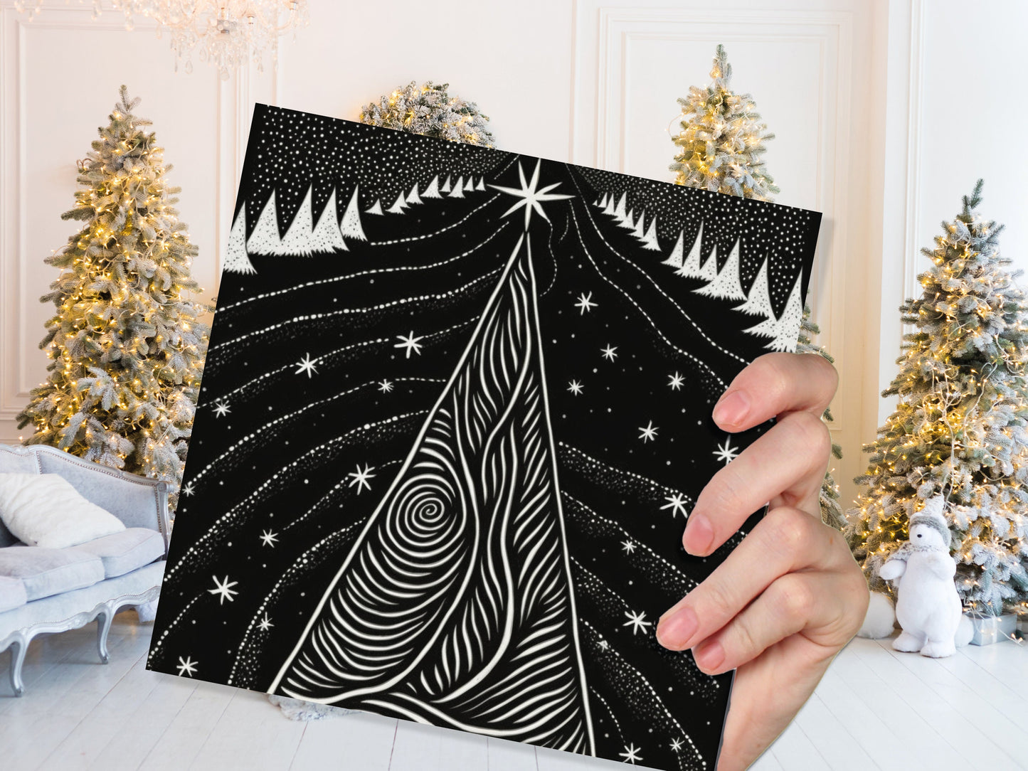 Black Christmas Tree Card Linocut Monochrome Magical Stars Starry Forest Snow Scene Snowy Night Sky Greetings For Family Friends Xmas 2023