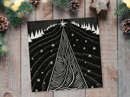 Black Christmas Tree Card Linocut Monochrome Magical Stars Starry Forest Snow Scene Snowy Night Sky Greetings For Family Friends Xmas 2023