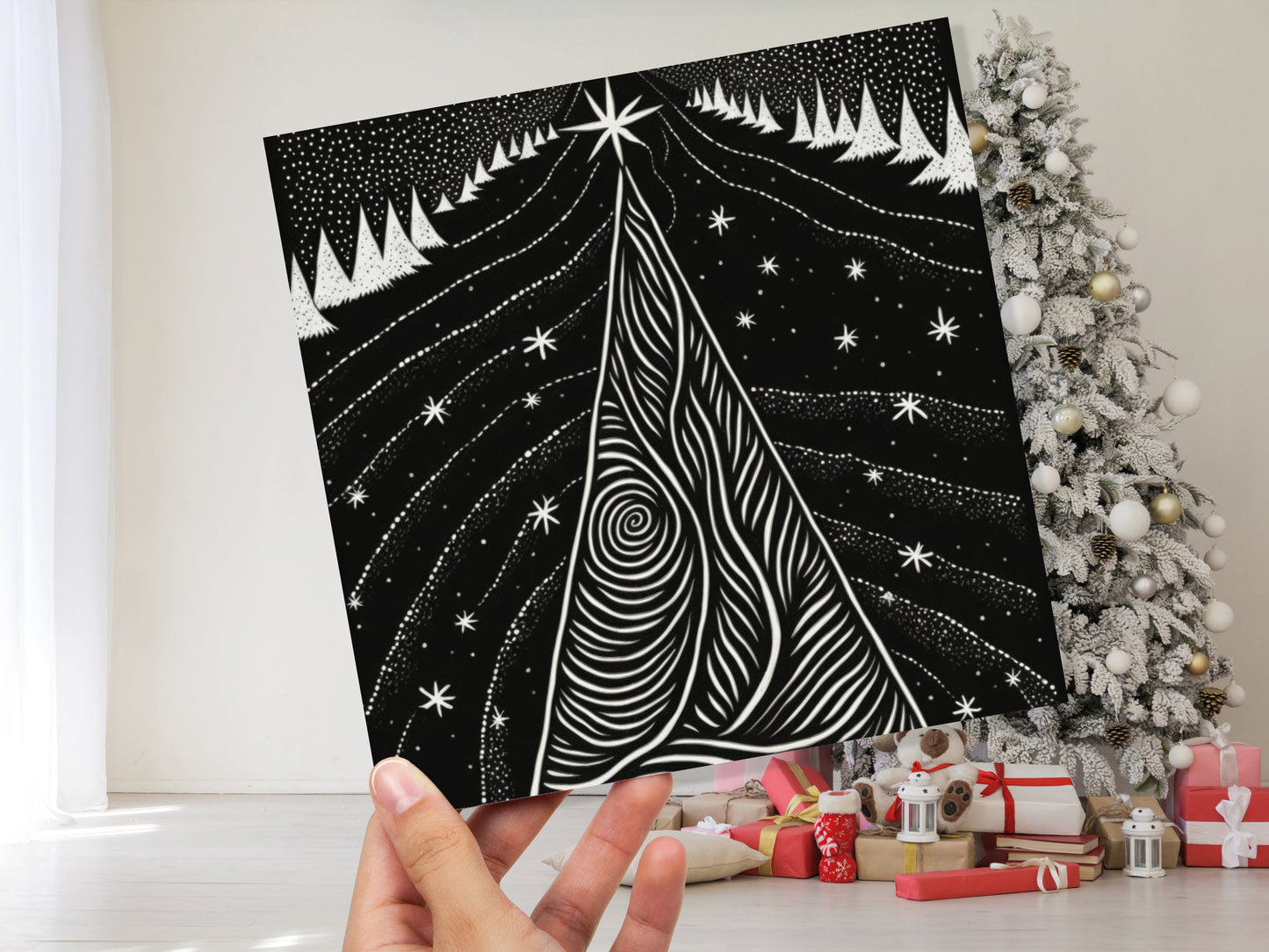 Black Christmas Tree Card Linocut Monochrome Magical Stars Starry Forest Snow Scene Snowy Night Sky Greetings For Family Friends Xmas 2023