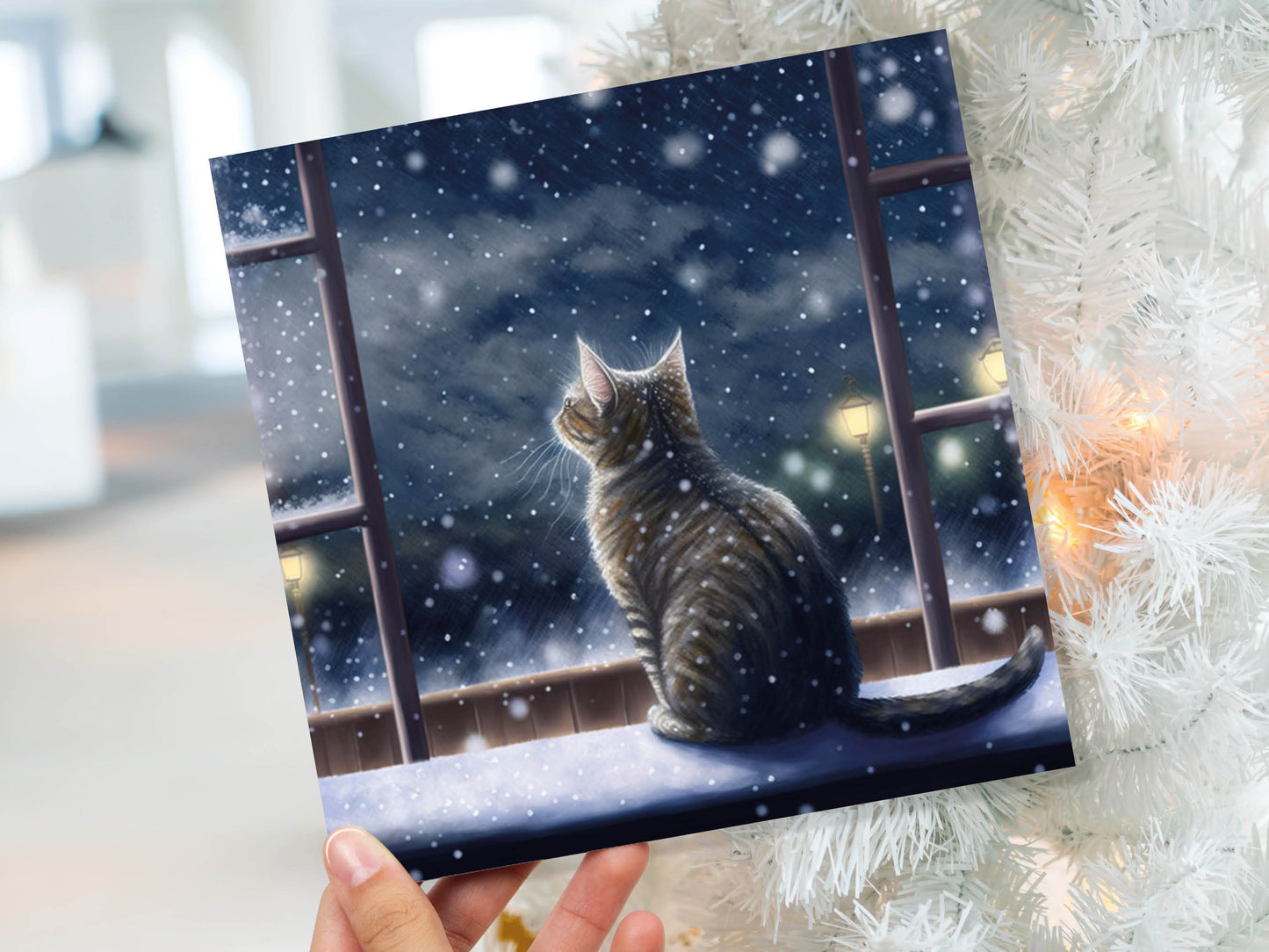 Winter Cat Card Cute Kitten Watching Snow Fall Tabby Snowy Window Snowing Night Scene Falling Stars Whimsical Birthday Thank You Greetings