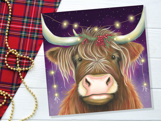 Highland Cow Card Heilan Muckle Coo with Fairy Lights Magical Night Purple Scotland Scottish Greetings Family Friends Birthdays Thank You