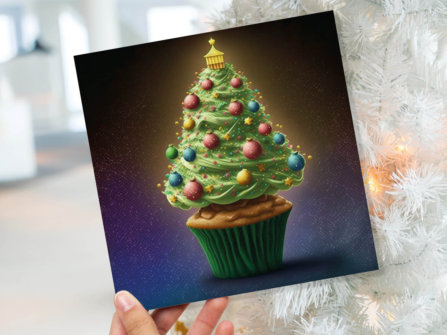 Cake Lovers Christmas Card Fairy Cupcake Tree Green Frosting Icing Pastel Baubles Xmas Greetings Card For Bakers Baking Family Friends 2023