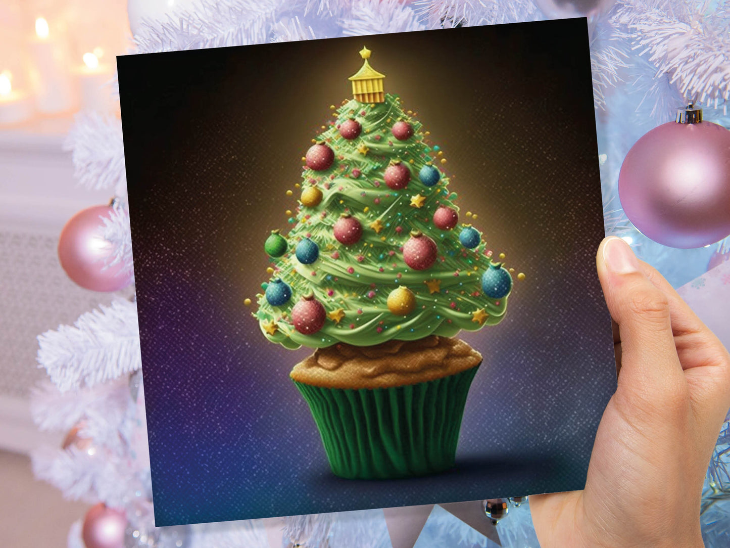 Cake Lovers Christmas Card Fairy Cupcake Tree Green Frosting Icing Pastel Baubles Xmas Greetings Card For Bakers Baking Family Friends 2023