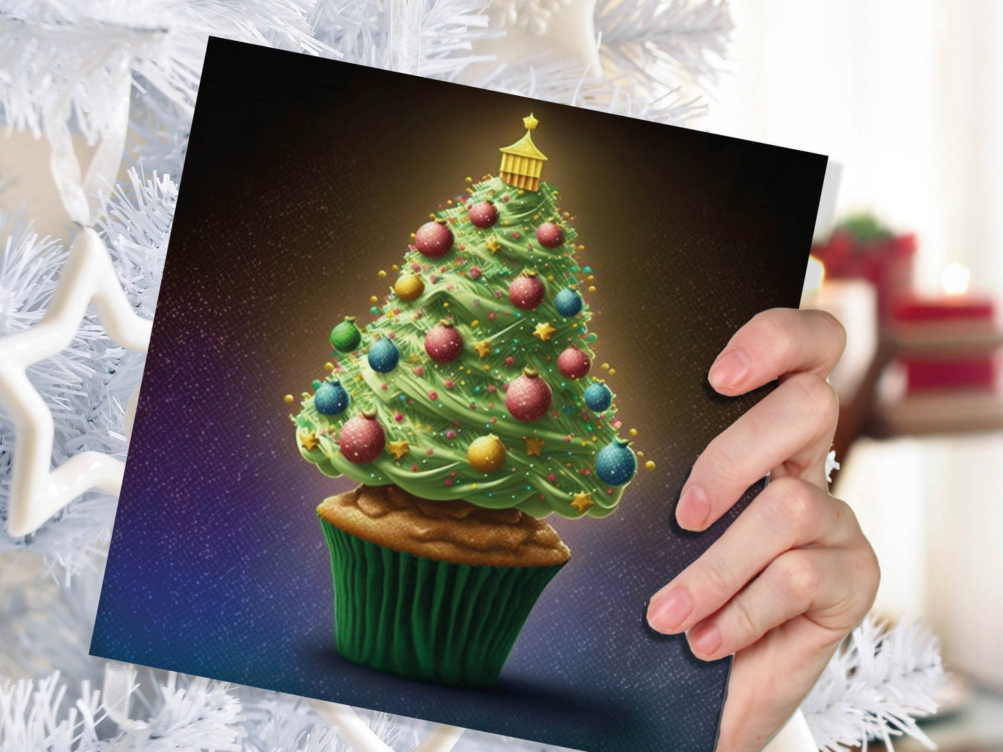 Cake Lovers Christmas Card Fairy Cupcake Tree Green Frosting Icing Pastel Baubles Xmas Greetings Card For Bakers Baking Family Friends 2023