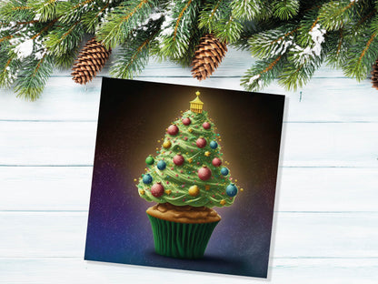 Cake Lovers Christmas Card Fairy Cupcake Tree Green Frosting Icing Pastel Baubles Xmas Greetings Card For Bakers Baking Family Friends 2023