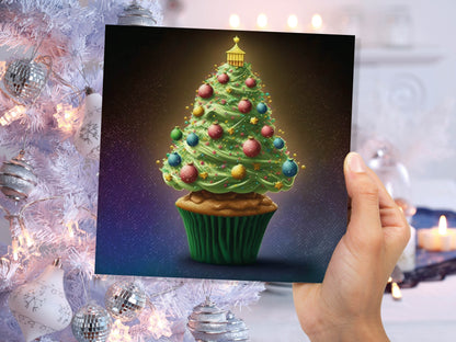 Cake Lovers Christmas Card Fairy Cupcake Tree Green Frosting Icing Pastel Baubles Xmas Greetings Card For Bakers Baking Family Friends 2023