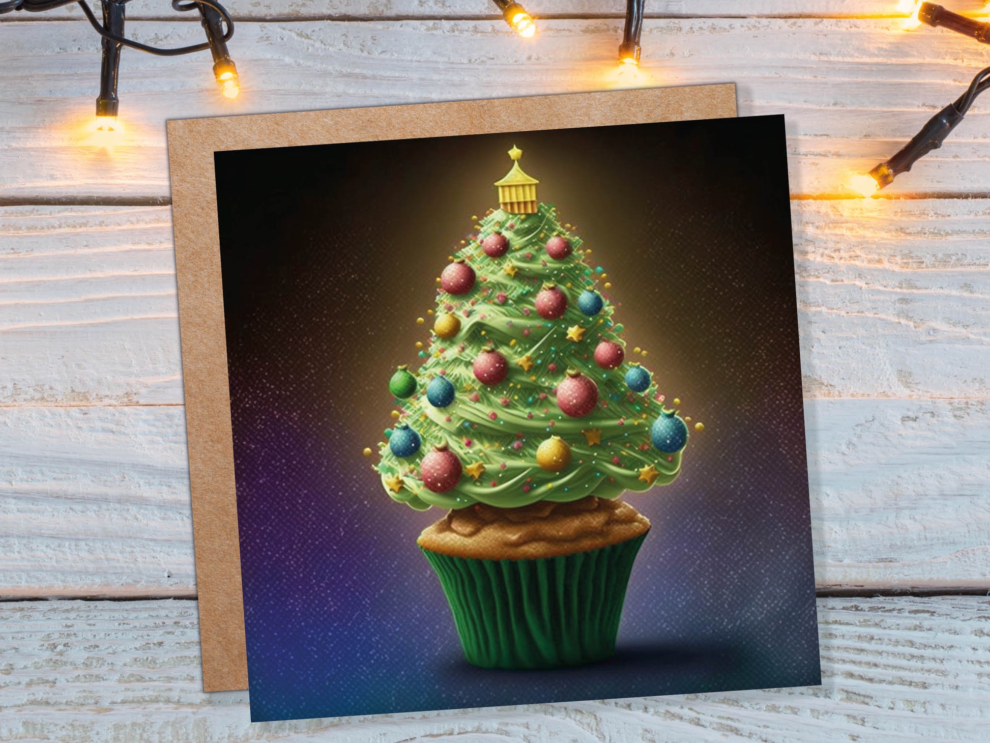 Cake Lovers Christmas Card Fairy Cupcake Tree Green Frosting Icing Pastel Baubles Xmas Greetings Card For Bakers Baking Family Friends 2023