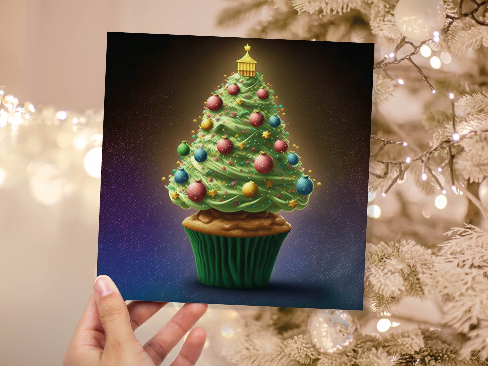 Cake Lovers Christmas Card Fairy Cupcake Tree Green Frosting Icing Pastel Baubles Xmas Greetings Card For Bakers Baking Family Friends 2023