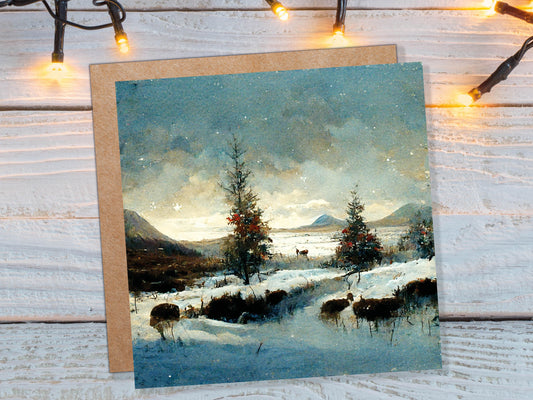 Winter Snow Scene Card with Snowy Landscape Mountains Scottish Glen Trees Painting Greetings Cards for Family Friends Birthday Thank You BFF