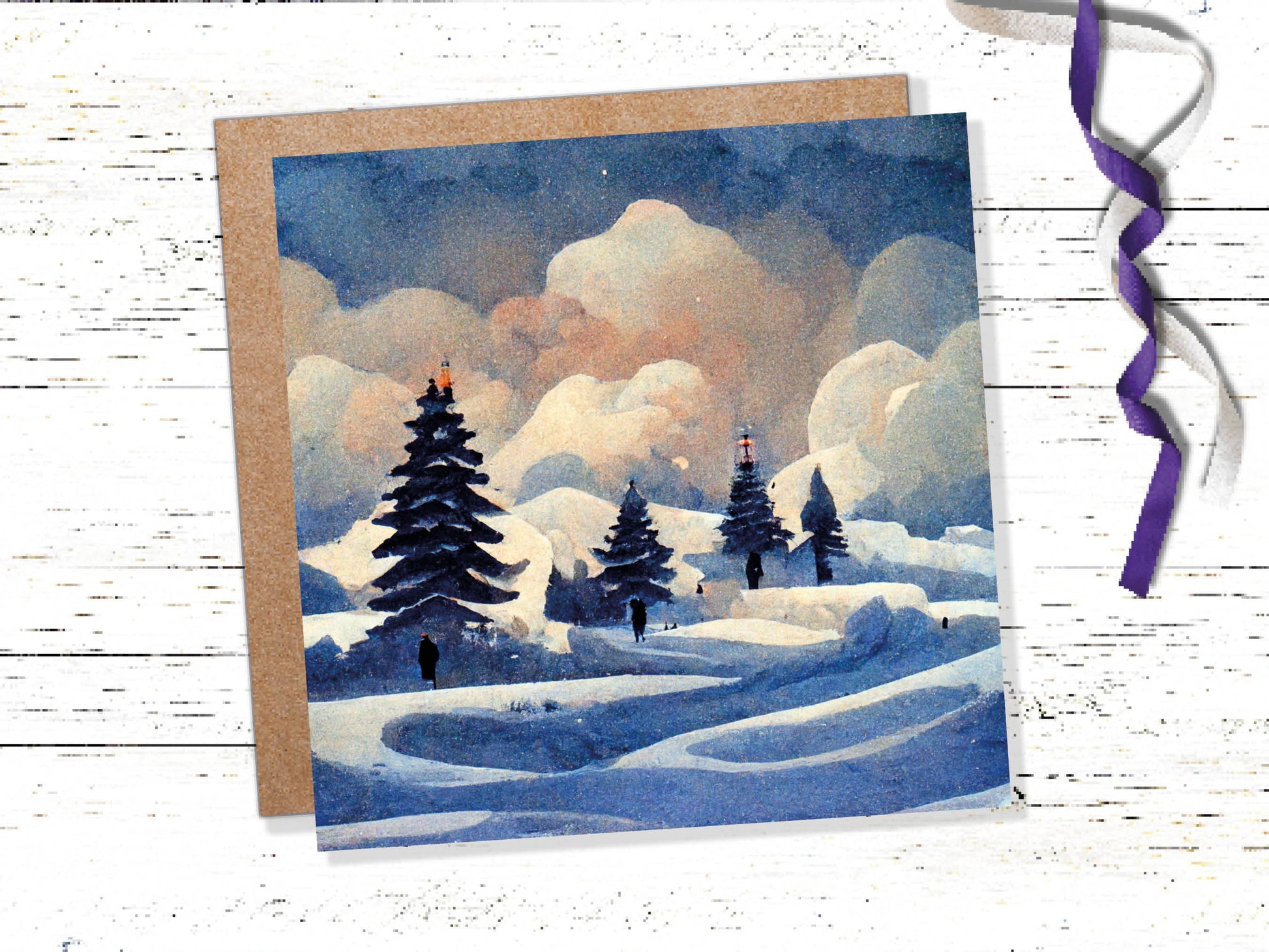 Winter Watercolour Card Impressionist Snow Scene with Trees Landscape Ski Hills Sun Blue Greetings for Family Friends Birthdays Thank You