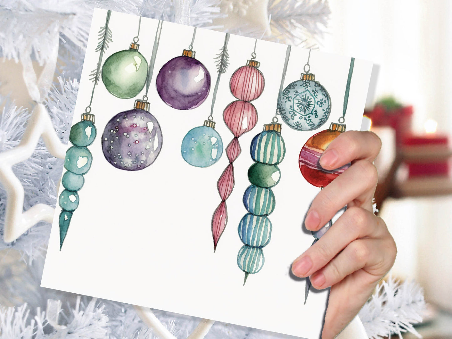 Watercolour Baubles Christmas Card Hanging Decorations Green Red White Festive Pretty Simple Greetings Cards For Family Friends Xmas 2023