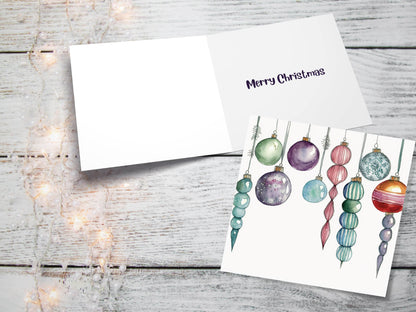 Watercolour Baubles Christmas Card Hanging Decorations Green Red White Festive Pretty Simple Greetings Cards For Family Friends Xmas 2023