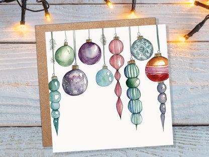 Watercolour Baubles Christmas Card Hanging Decorations Green Red White Festive Pretty Simple Greetings Cards For Family Friends Xmas 2023