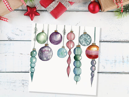 Watercolour Baubles Christmas Card Hanging Decorations Green Red White Festive Pretty Simple Greetings Cards For Family Friends Xmas 2023