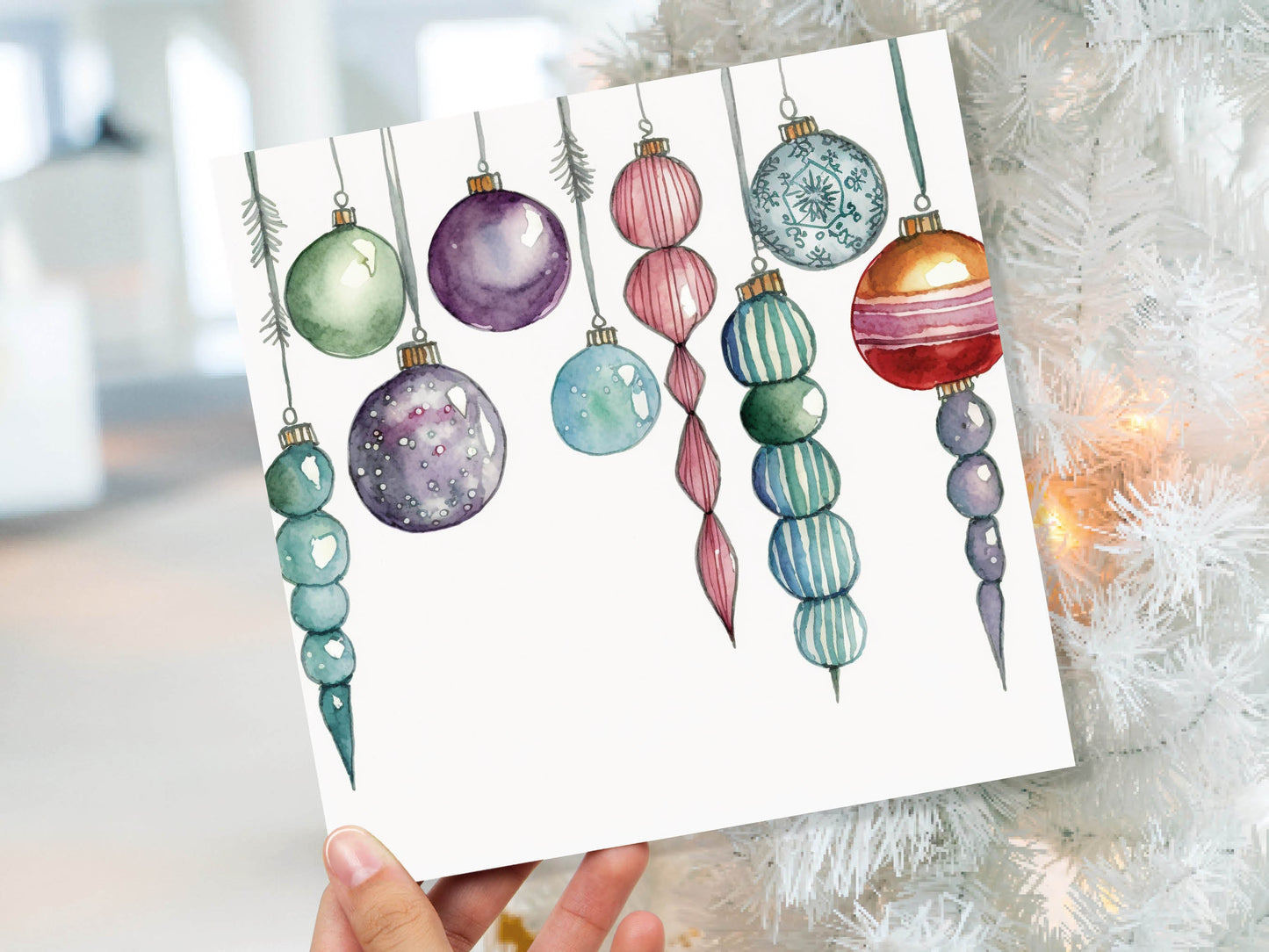 Watercolour Baubles Christmas Card Hanging Decorations Green Red White Festive Pretty Simple Greetings Cards For Family Friends Xmas 2023