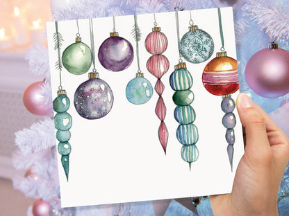 Watercolour Baubles Christmas Card Hanging Decorations Green Red White Festive Pretty Simple Greetings Cards For Family Friends Xmas 2023