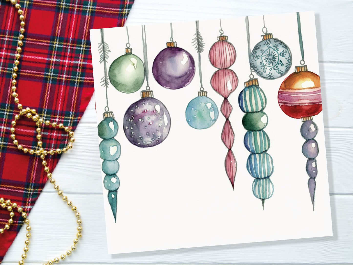 Watercolour Baubles Christmas Card Hanging Decorations Green Red White Festive Pretty Simple Greetings Cards For Family Friends Xmas 2023