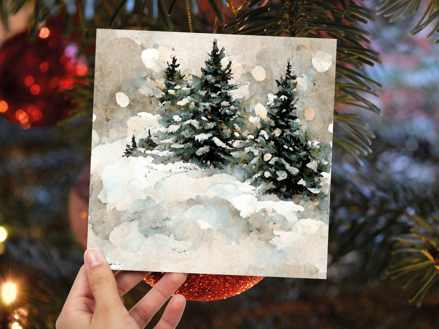 White Christmas Card Snow Scene Snowy Trees Winter Landscape Festive Watercolour Painting Greetings Family Friends Xmas 2023 1, 5, 10 Pack