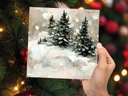 White Christmas Card Snow Scene Snowy Trees Winter Landscape Festive Watercolour Painting Greetings Family Friends Xmas 2023 1, 5, 10 Pack