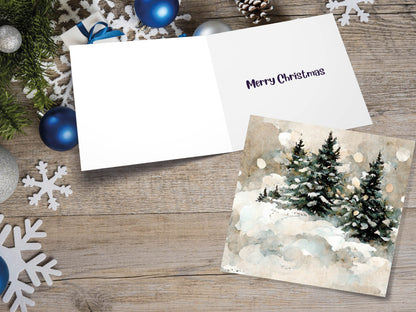 White Christmas Card Snow Scene Snowy Trees Winter Landscape Festive Watercolour Painting Greetings Family Friends Xmas 2023 1, 5, 10 Pack