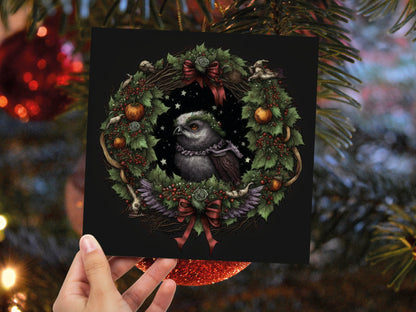 Pagan Yule Christmas Card Witchy Wiccan Owl Wreath with Dark Red and Green Leaves and Branches Design Greetings For Family Friends Xmas 2023