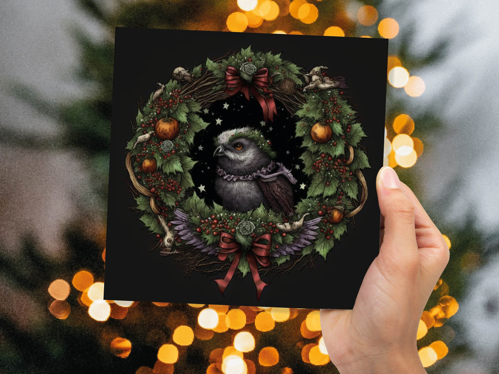 Pagan Yule Christmas Card Witchy Wiccan Owl Wreath with Dark Red and Green Leaves and Branches Design Greetings For Family Friends Xmas 2023