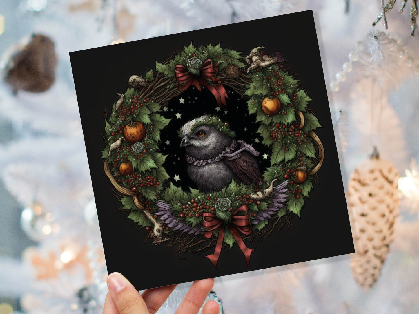 Pagan Yule Christmas Card Witchy Wiccan Owl Wreath with Dark Red and Green Leaves and Branches Design Greetings For Family Friends Xmas 2023