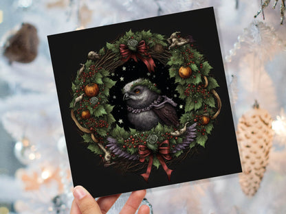 Pagan Yule Christmas Card Witchy Wiccan Owl Wreath with Dark Red and Green Leaves and Branches Design Greetings For Family Friends Xmas 2023