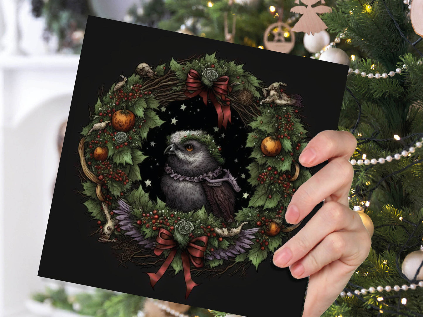 Pagan Yule Christmas Card Witchy Wiccan Owl Wreath with Dark Red and Green Leaves and Branches Design Greetings For Family Friends Xmas 2023