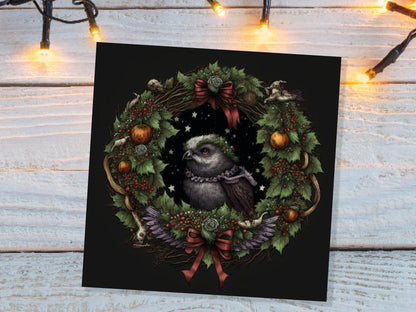 Pagan Yule Christmas Card Witchy Wiccan Owl Wreath with Dark Red and Green Leaves and Branches Design Greetings For Family Friends Xmas 2023