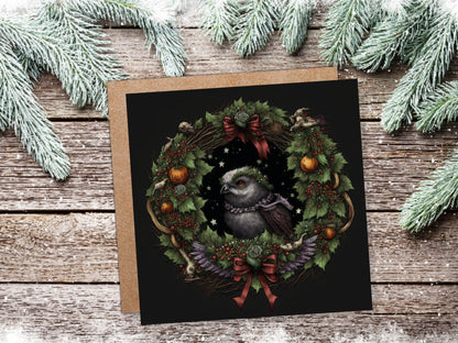 Pagan Yule Christmas Card Witchy Wiccan Owl Wreath with Dark Red and Green Leaves and Branches Design Greetings For Family Friends Xmas 2023