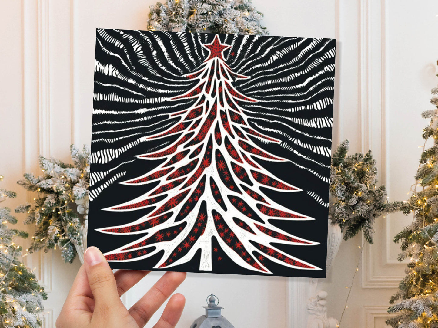 Linocut Christmas Tree Card Black White Red Retro Monochrome Magical Northern Lights Night Sky Greetings Cards For Family Friends Xmas 2023