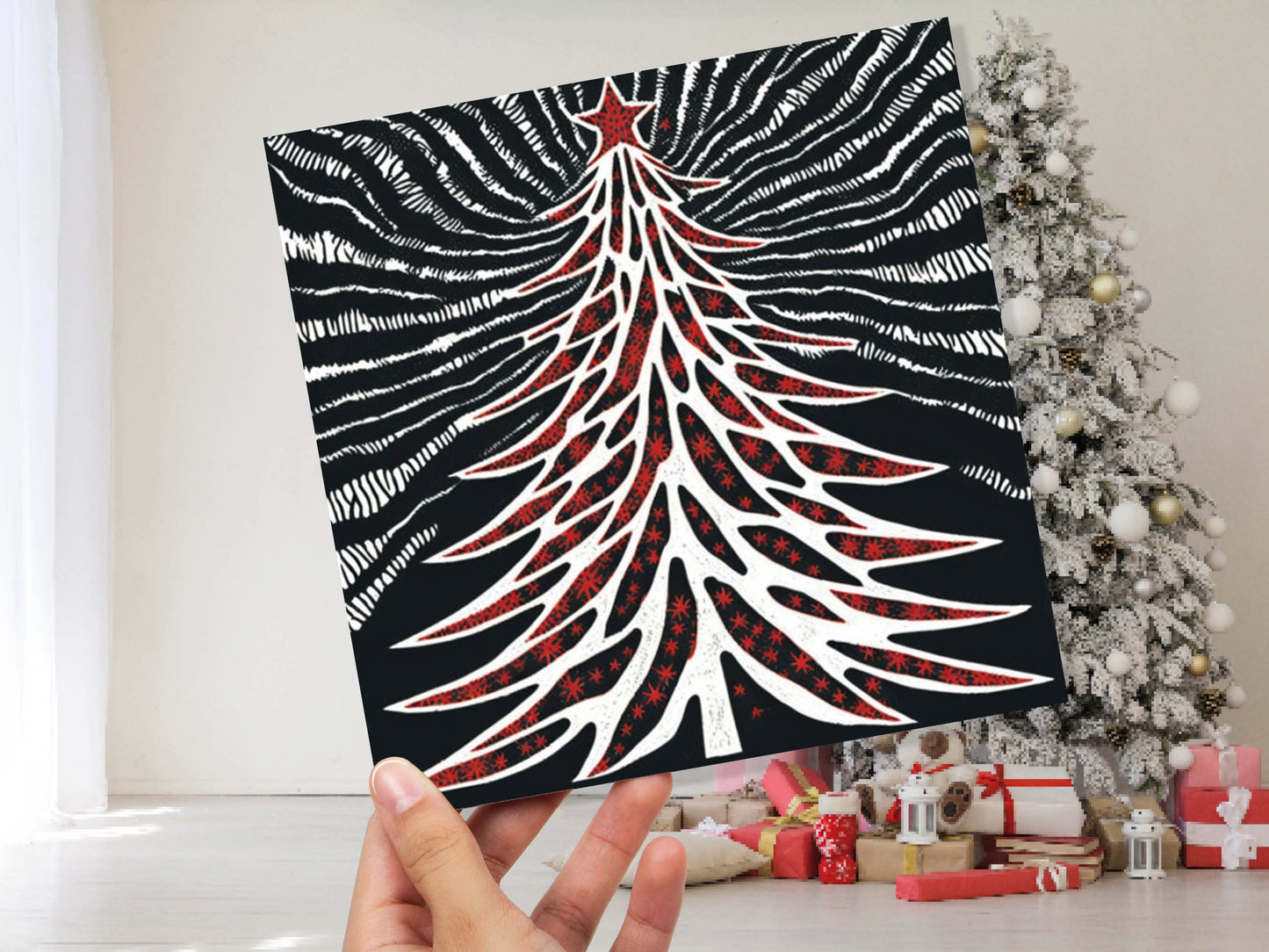 Linocut Christmas Tree Card Black White Red Retro Monochrome Magical Northern Lights Night Sky Greetings Cards For Family Friends Xmas 2023