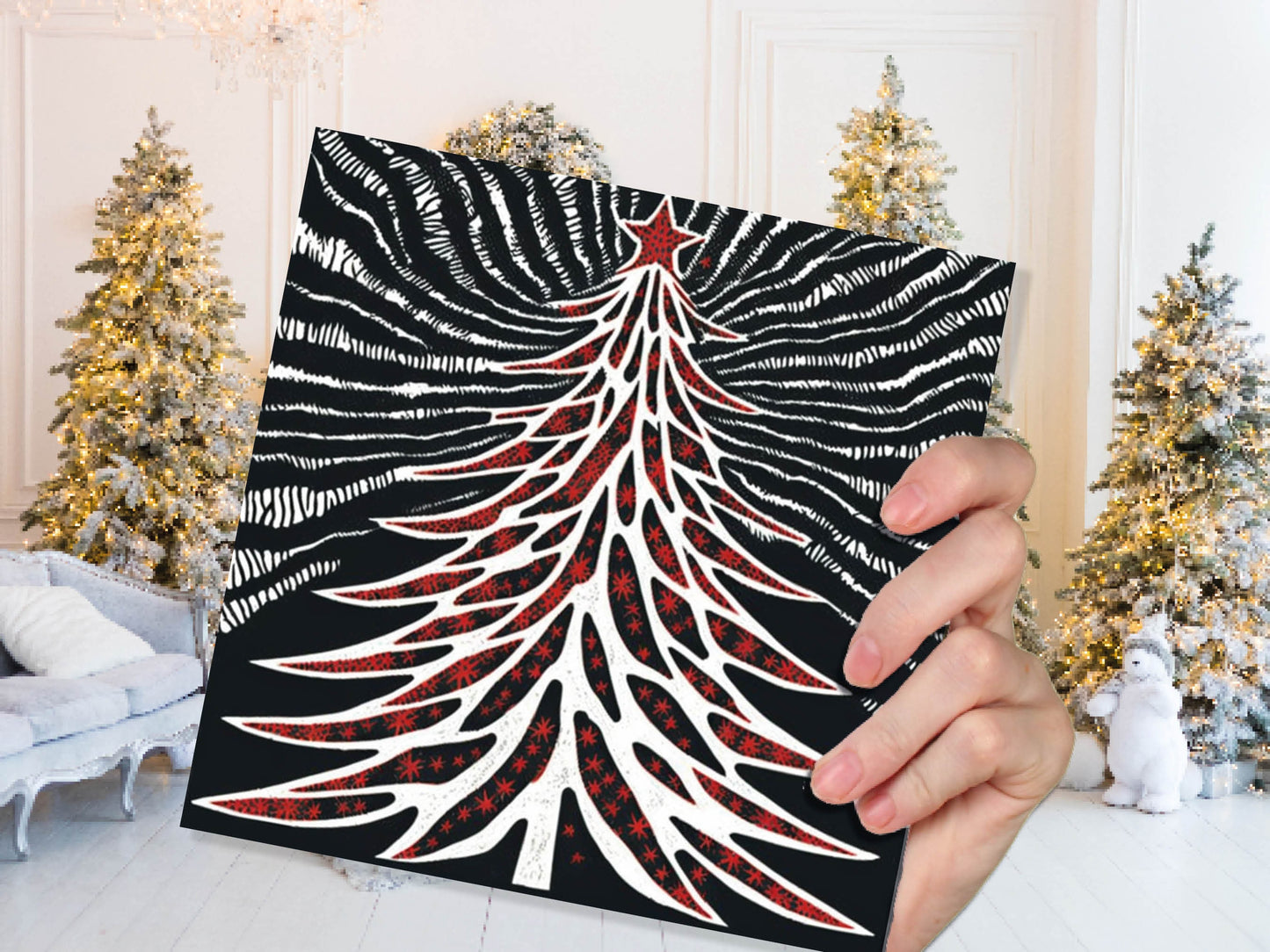 Linocut Christmas Tree Card Black White Red Retro Monochrome Magical Northern Lights Night Sky Greetings Cards For Family Friends Xmas 2023