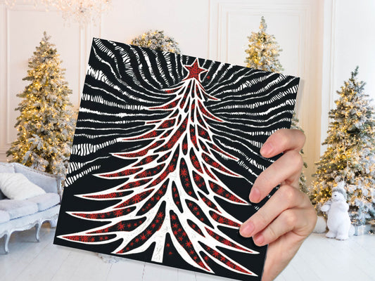 Linocut Christmas Tree Card Black White Red Retro Monochrome Magical Northern Lights Night Sky Greetings Cards For Family Friends Xmas 2023