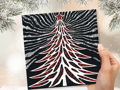 Linocut Christmas Tree Card Black White Red Retro Monochrome Magical Northern Lights Night Sky Greetings Cards For Family Friends Xmas 2023