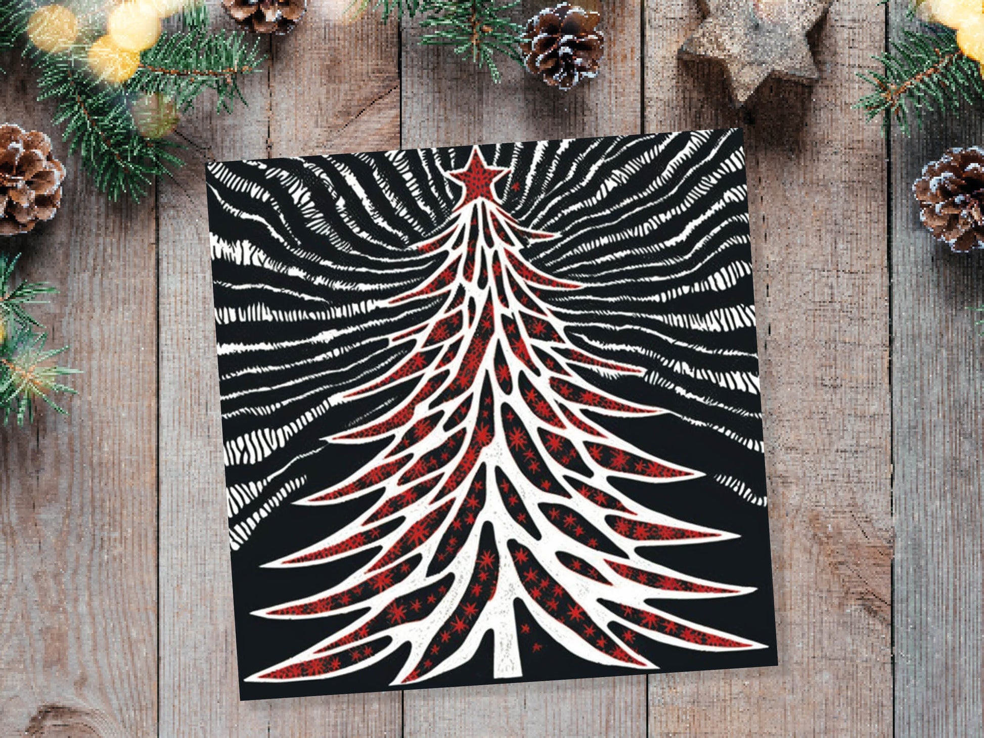 Linocut Christmas Tree Card Black White Red Retro Monochrome Magical Northern Lights Night Sky Greetings Cards For Family Friends Xmas 2023